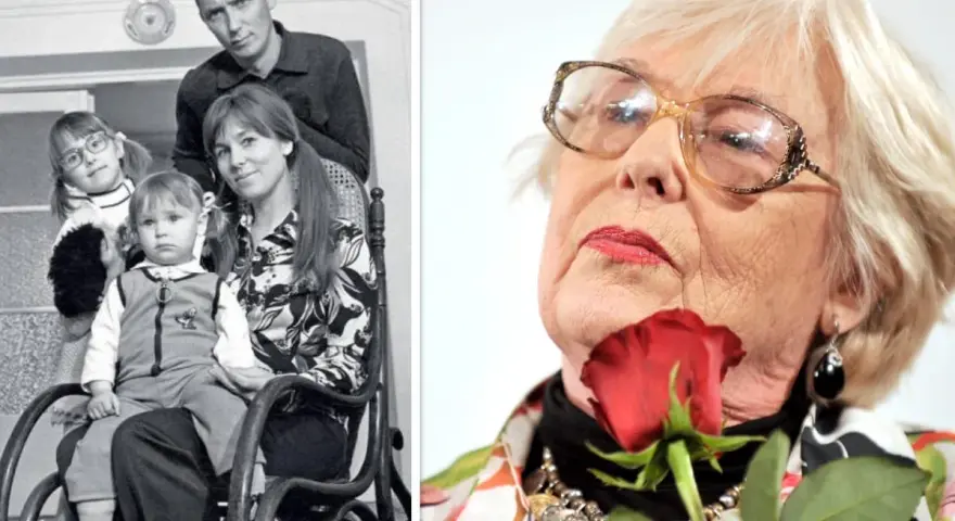 Adrianna Godlewska z rodziną na starym zdjęciu i jako starsza pani z różą.