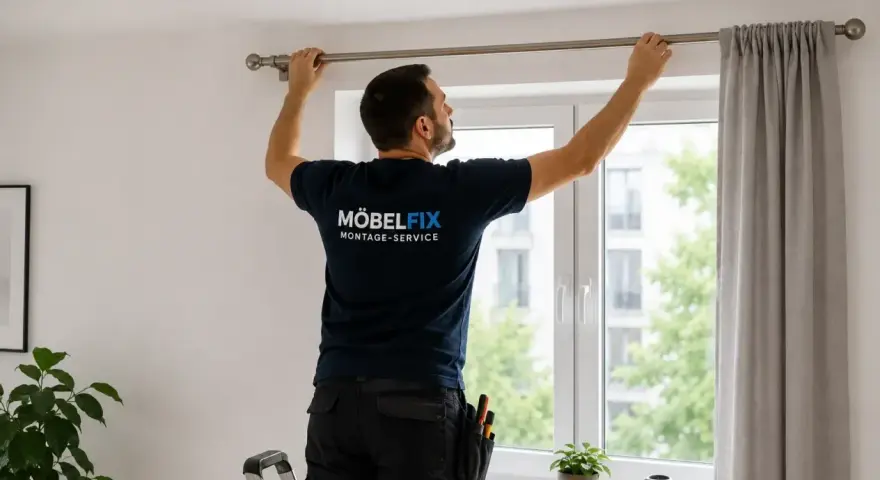 Mann bringt eine Gardinenstange an. Er steht auf einer Leiter und richtet die Stange über dem Fenster aus.
