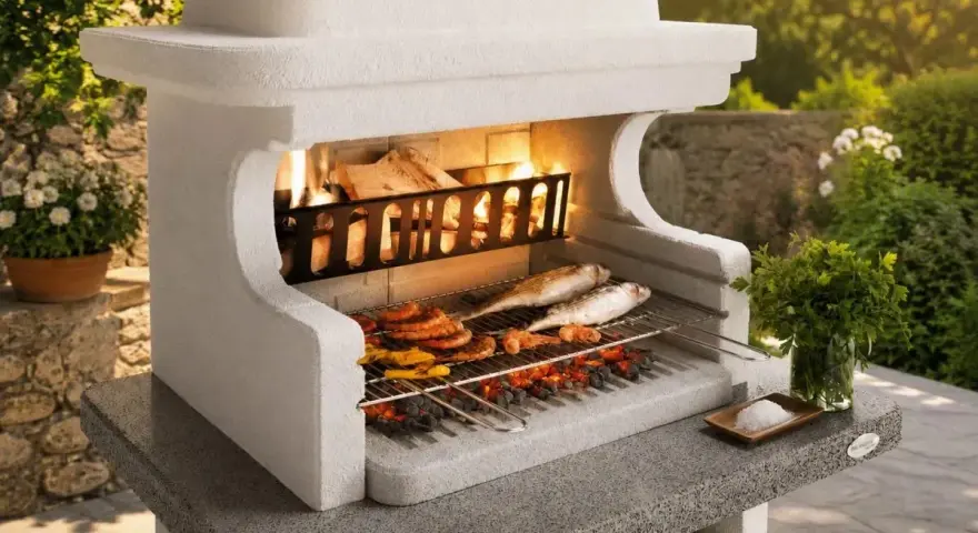 Una succulenta grigliata di pesce e spiedini cuoce su un barbecue in pietra, con fiamme vive e un contorno verdeggiante.