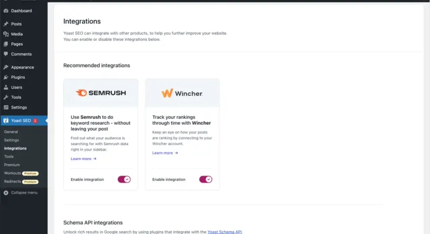 Interface d'administration WordPress, section Yoast SEO. Intégrations Semrush et Wincher pour améliorer le référencement site WordPress.