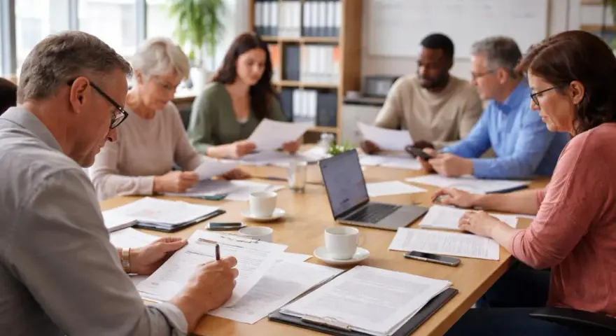 Réunion de copropriété : un homme signe un document, tandis que d'autres examinent des papiers. Le PV de la réunion de copropriété non conforme est peut-être en cours de discussion.