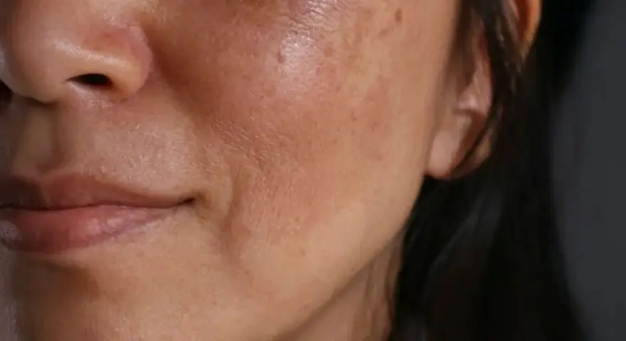 Primo piano del viso di una donna con evidenti macchie solari e discromie sulla pelle.