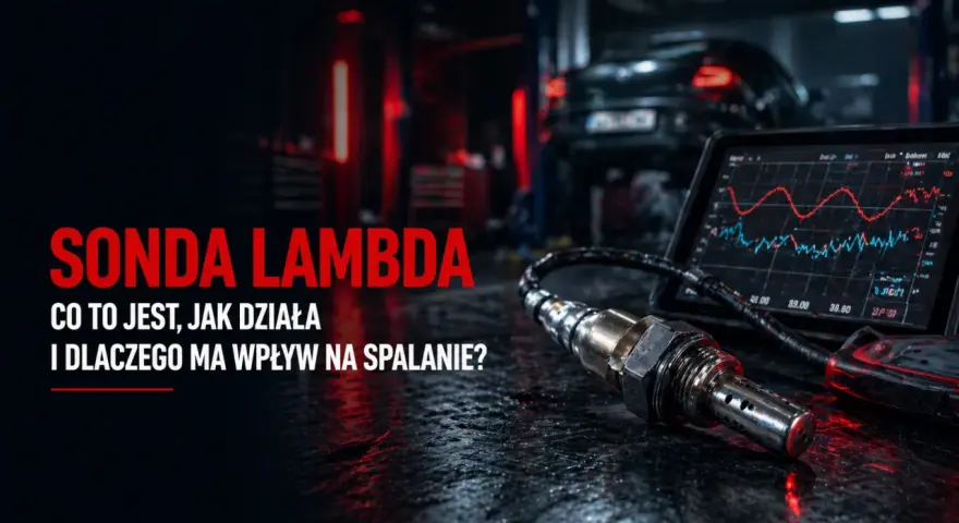Sonda lambda i jej wpływ na spalanie. Na zdjęciu sonda lambda, komputer diagnostyczny z wykresem i samochód w warsztacie.