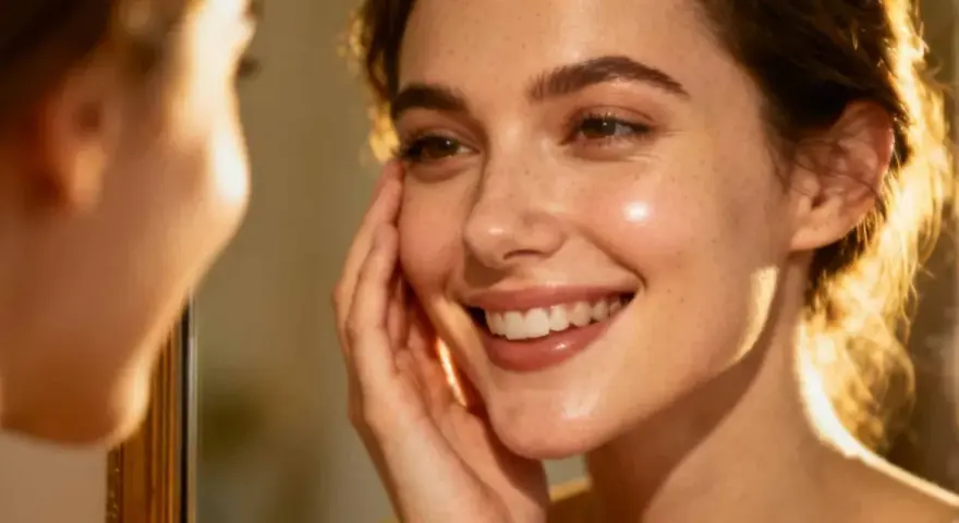 Un sourire radieux, une peau éclatante et des taches de rousseur. Elle se touche le visage, savourant le bien-être d'une peau hydratée en profondeur.