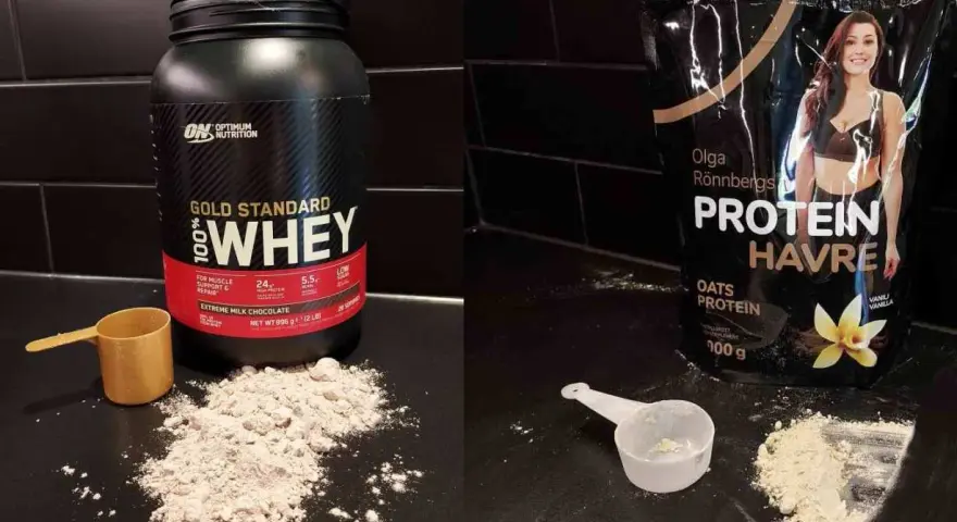 Jämförelse av whey 100 vs 80. En burk Optimum Nutrition Gold Standard 100% Whey och en påse Olga Rönnbergs Protein Havre.