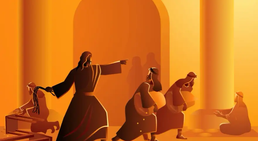Jesus, with a whip, drives out merchants from the temple. This scene illustrates why Jesus flipped tables, angered by the commercialization of sacred space.