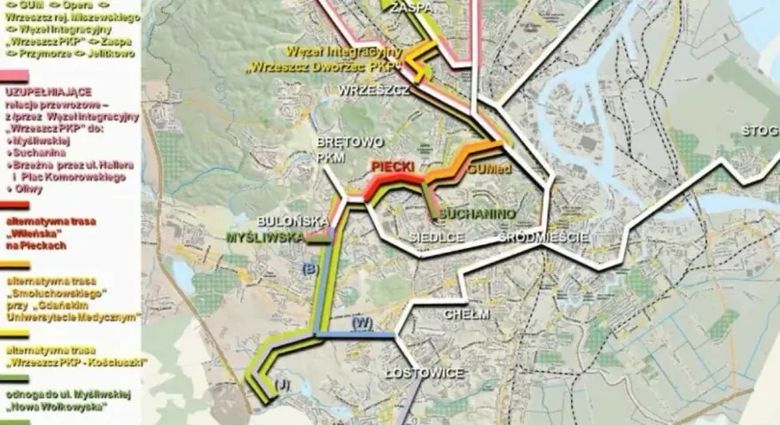 Mapa komunikacyjna z zaznaczonymi trasami, w tym 126 rozkład jazdy Banino. Kolorowe linie pokazują połączenia między dzielnicami.