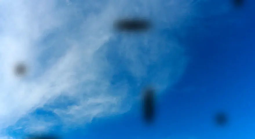 Macchie scure fluttuanti nel cielo azzurro, simili a quelle che si vedono per le miodesopsie cause.