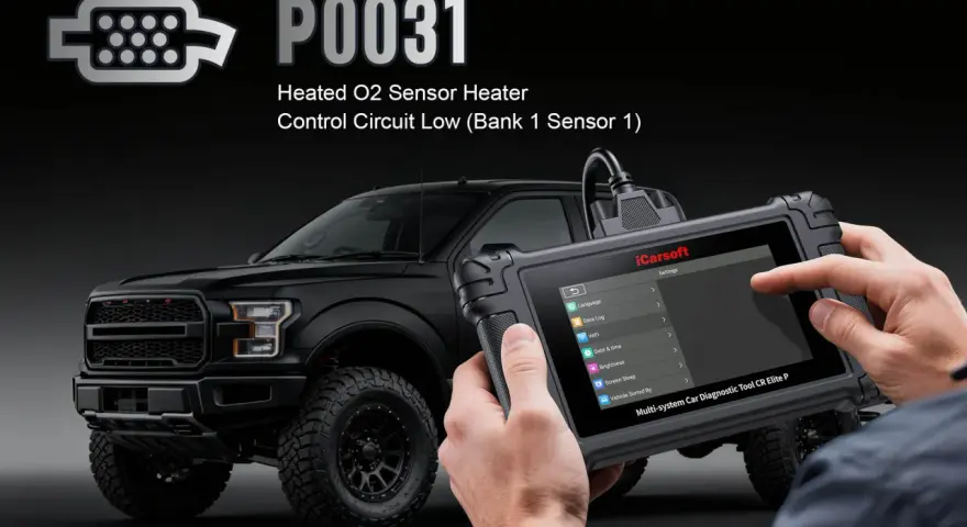 Diagnosing a P0031 code: Heated O2 Sensor Heater Control Circuit Low on a black truck with an iCarsoft diagnostic tool.