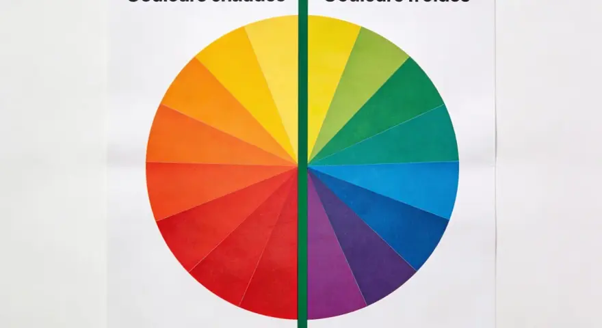 Roue chromatique divisée en couleurs chaudes (rouge, orange, jaune) et froides (vert, bleu, violet). Un test de colorimétrie visuel.