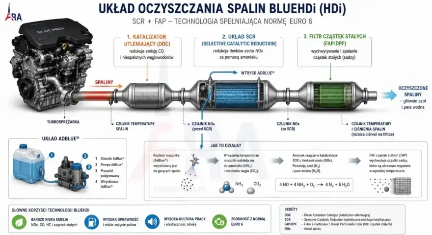 Schemat układu oczyszczania spalin BlueHDi dla silnika 1.9 tdi. Pokazuje turbosprężarkę, katalizator DOC, układ SCR z wtryskiem AdBlue i filtr FAP/DPF.