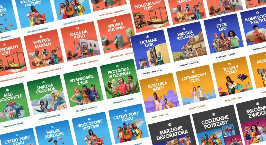 Siatka miniatur z grafikami z gry Sims 4, przedstawiającymi różne pakiety i modyfikacje.