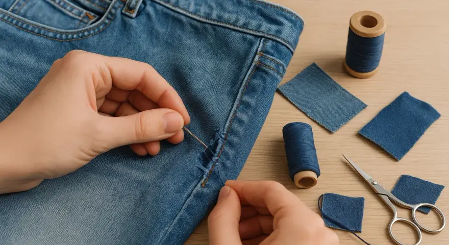 Ręce zszywają dziurę w jeansach, obok nici, igły, nożyczek i łatki. Nauka jak zszyć jeansy to świetny sposób na odnowienie ulubionych spodni.