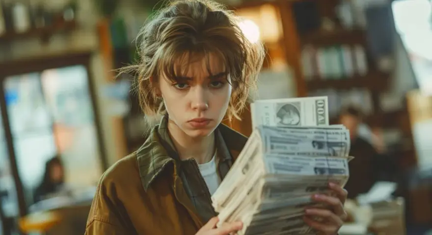 Jeune femme au regard sombre tenant une liasse de billets, confrontée à une augmentation des charges locatives sans justificatif.