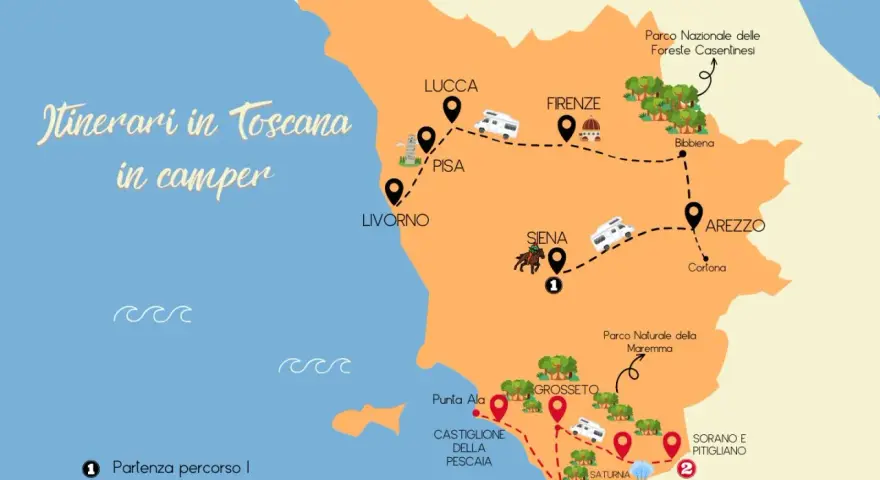 Mappa di itinerari in Toscana in macchina, con tappe a Lucca, Pisa, Firenze, Siena, Arezzo, Grosseto e la costa.