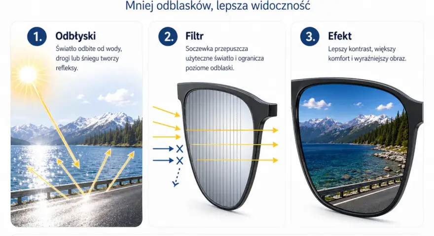 Ilustracja pokazuje, jak soczewka polaryzacyjna redukuje odblaski, poprawiając widoczność. Działanie polaryzacji eliminuje refleksy, zapewniając lepszy komfort.