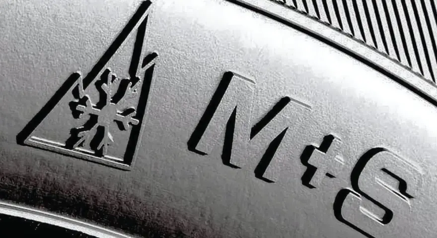 Oznaczenie opon wielosezonowych: symbol płatka śniegu w trójkącie i napisy M+S informują o ich uniwersalności.