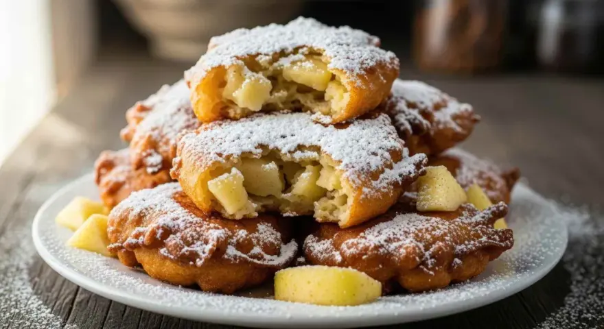 Buñuelos de manzana dorados y esponjosos, espolvoreados con azúcar glas. Un bocado dulce y crujiente.