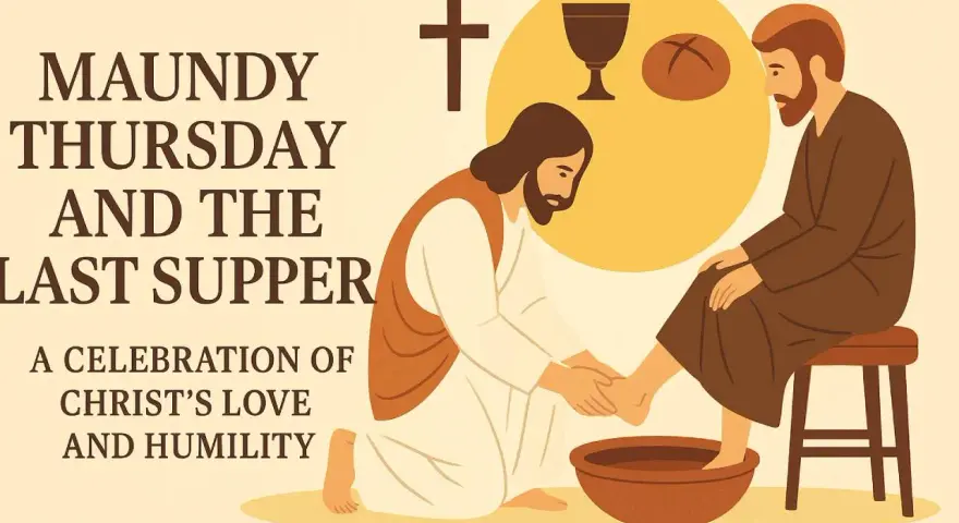 Jesus washes feet, symbolizing love and humility, as depicted in Holy Thursday scripture readings. A chalice and bread are shown.