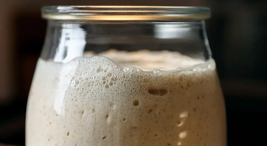 Ein Glas mit schaumigem Sauerteig, der sich nicht verdoppelt. Kleine Bläschen und eine cremige Textur sind sichtbar.