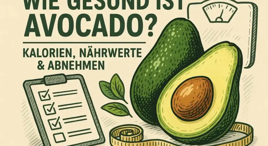 Wie gesund ist Avocado? Kalorien, Nährwerte & Abnehmen. Eine Waage, Maßband und Checkliste deuten auf die gesunde Ernährung mit Avocado hin.
