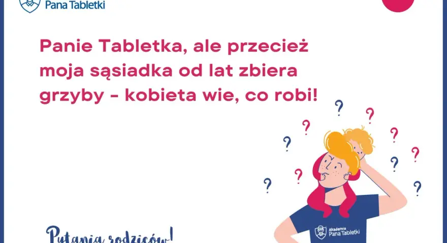 Rodzice zastanawiają się, od ilu lat dzieci mogą jeść grzyby. Ilustracja przedstawia zamyśloną osobę z dzieckiem na ramionach, otoczoną znakami zapytania.