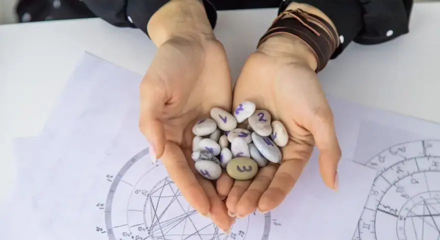 Dłonie trzymają kamyki z numerami, jeden z nich to 3, co może symbolizować numerologiczną 6. W tle wykresy astrologiczne.