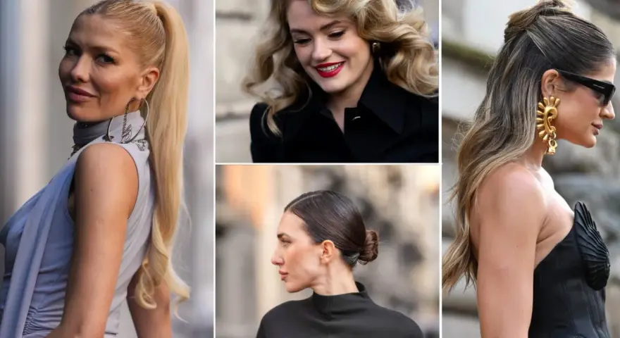 Eleganckie półupięcie na wesele: wysoki kucyk, fale w stylu retro, niski kok i upięcie z luźnymi pasmami.
