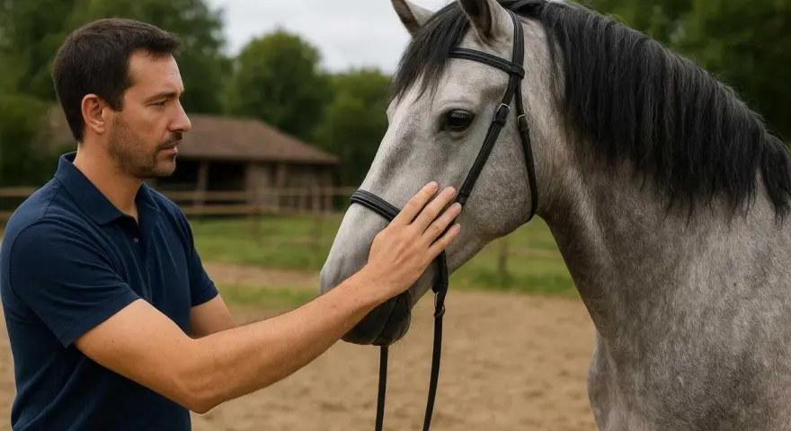 Un homme caresse la tête d'un magnifique cheval lusitanien gris, dans un manège.