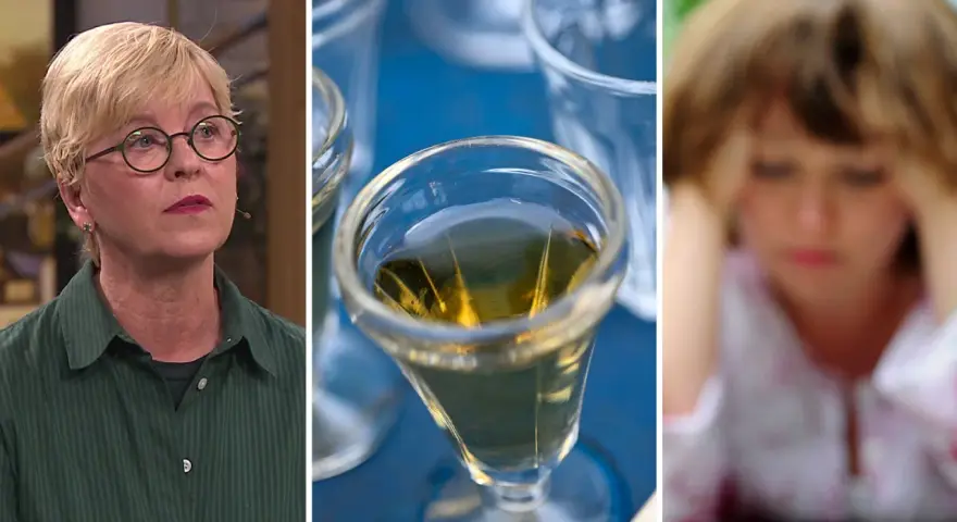 Kvinna med glas, en drink och en person med händerna mot huvudet. Kan symbolisera hur alkohol kan leda till depression.