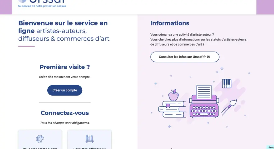 Bienvenue sur le service Urssaf pour artistes-auteurs. Informations sur la cotisation artiste-auteur sans revenus et création de compte.