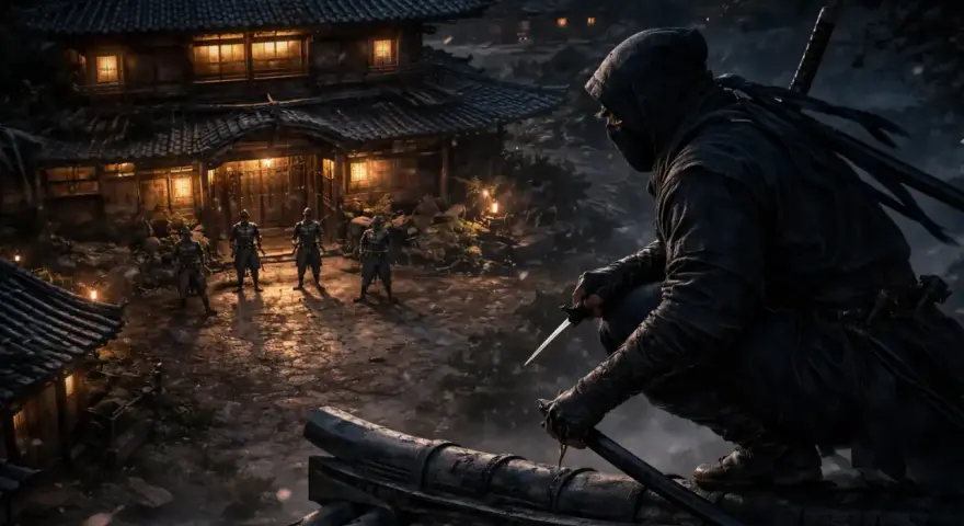 Un ninja acecha desde un tejado, observando a otros guerreros en un pueblo iluminado. La escena evoca la tensión de los juegos de ninjas.