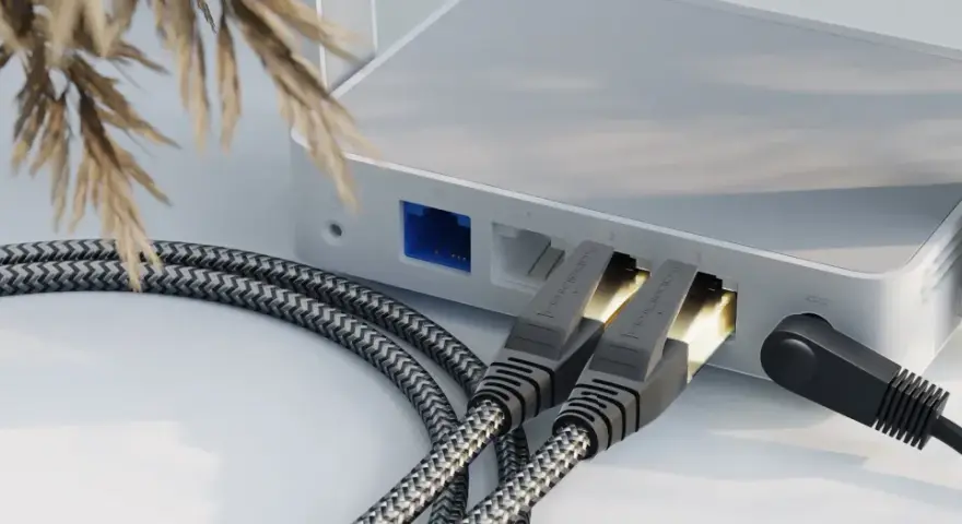 Zwei geflochtene ethernet-Kabel stecken in einem weißen Router, daneben ein schwarzes Stromkabel.