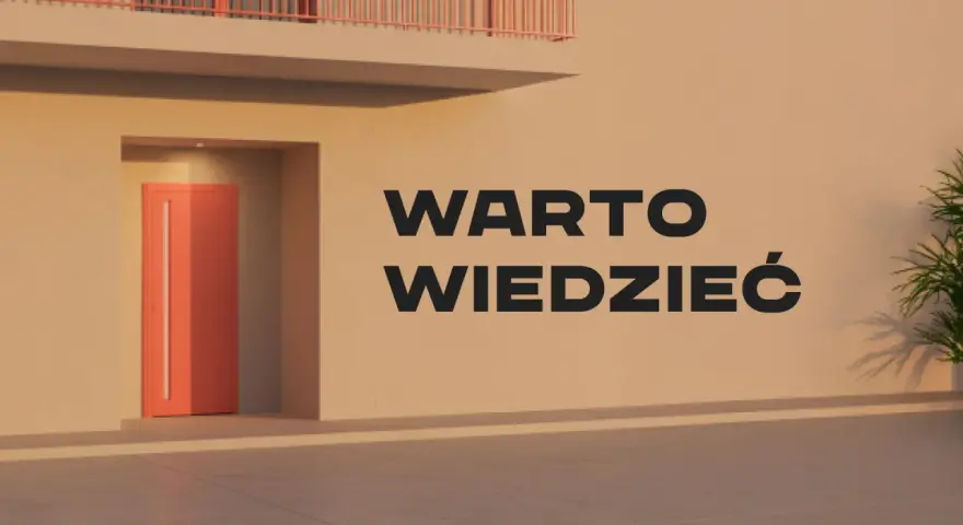 Nowoczesne drzwi w odcieniu koralowym, idealne do ciepłego montażu. Napis "WARTO WIEDZIEĆ" na jasnej ścianie.