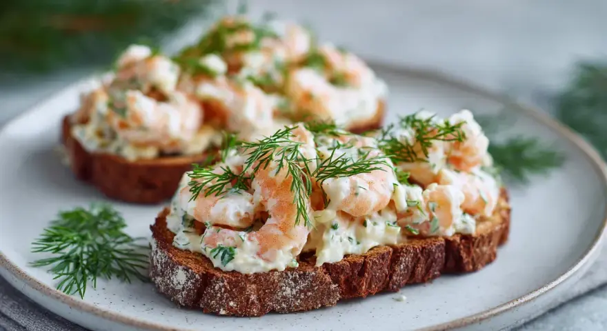 Två toast Skagen med dill på mörkt bröd, serverade på en tallrik med juldekorationer i bakgrunden.