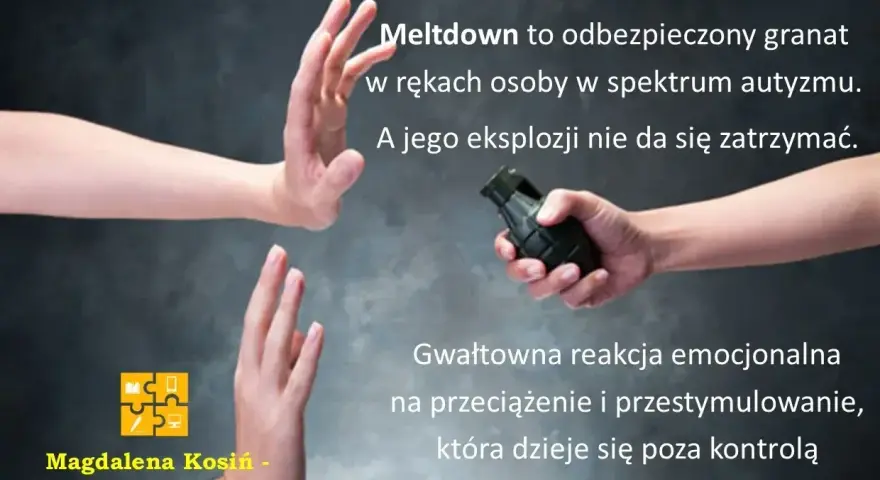 Ręce blokują granat, symbolizując trudności w radzeniu sobie z przeciążeniem sensorycznym u dziecka z autyzmem. Jak uspokoić dziecko z autyzmem?