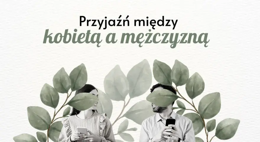 Piękna przyjaźń między kobietą a mężczyzną, symbolizowana przez uśmiechnięte twarze i telefony w dłoniach, otoczona liśćmi.