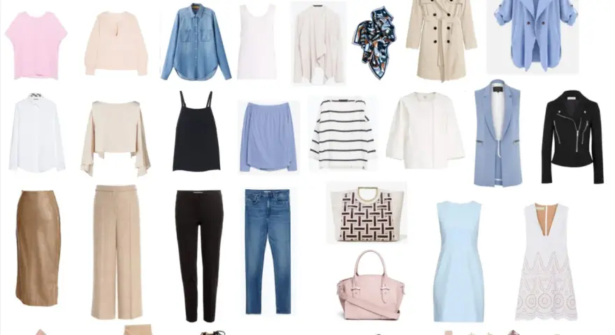 Conjunto de ropa y accesorios para crear looks versátiles. Incluye prendas básicas, abrigos, pantalones, faldas, vestidos, zapatos y bolsos, ideales para renovar tus **fondos de armario**.
