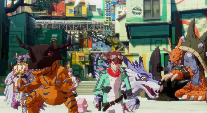 Un chico y sus Digimon, incluyendo a Agumon y Gabumon, se encuentran en una ciudad colorida. Es un momento de **digimon story time stranger**.