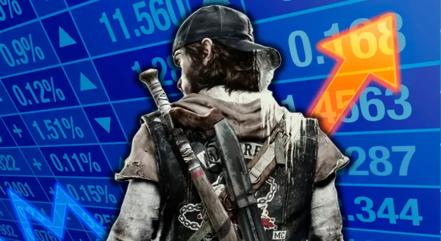 Análisis de Days Gone: un personaje con armas sobre un gráfico bursátil ascendente.