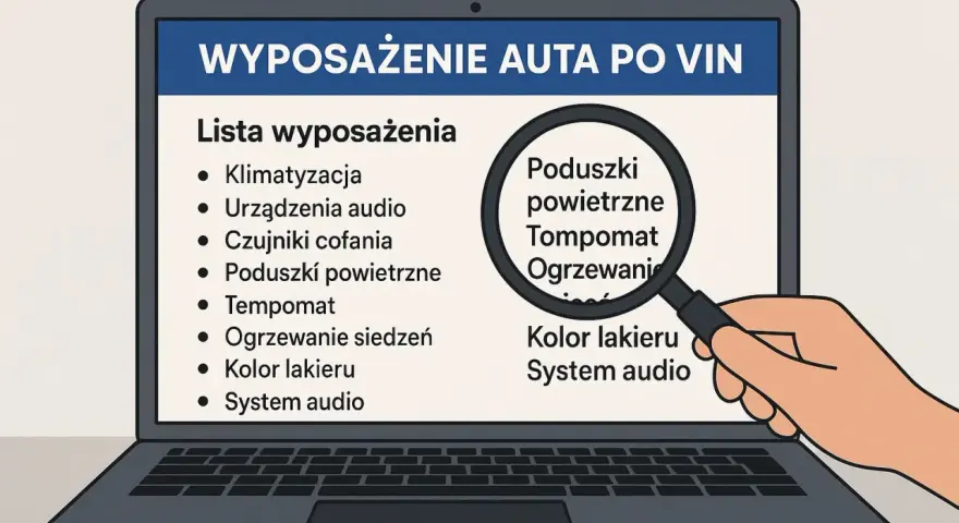 Lista wyposażenia auta po VIN na ekranie laptopa. Lupa powiększa "Poduszki powietrzne", "Tempomat", "Ogrzewanie". Vin decoder VW pomoże sprawdzić te elementy.