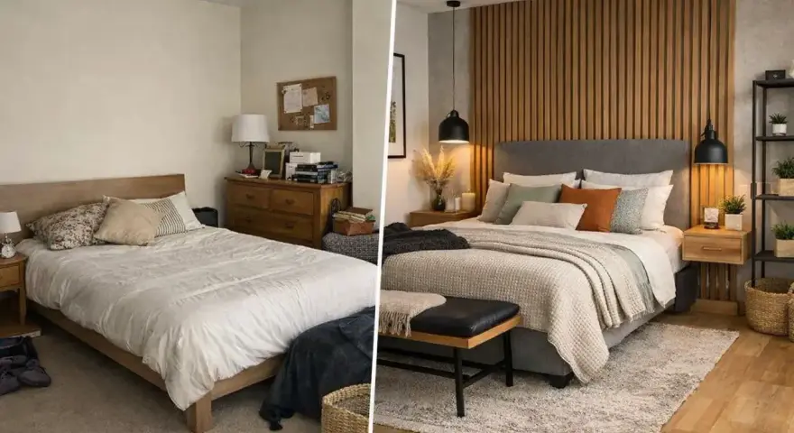 Dormitorio antes y después: cómo renovar dormitorio sin cambiar muebles, con textiles y detalles acogedores.