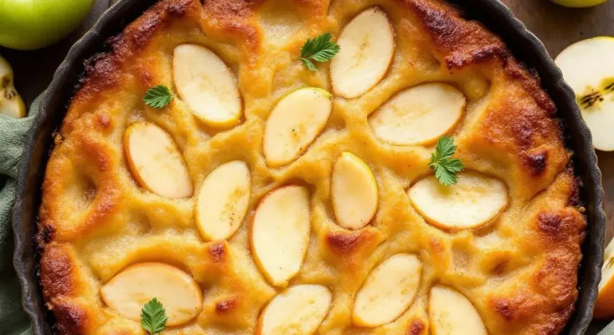 Un délicieux clafoutis aux poires, doré et garni de fines tranches de fruits, prêt à être dégusté.