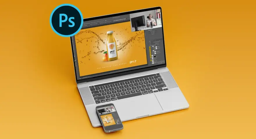 Nauka Photoshopa: tworzenie reklamy napoju na laptopie i telefonie.