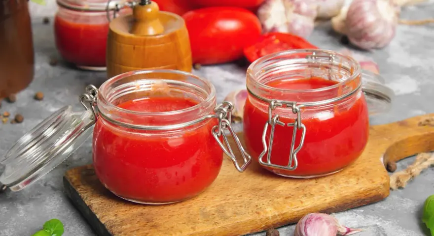 Deux bocaux en verre remplis de coulis de tomates, sur une planche en bois. Des tomates, de l'ail et du basilic complètent la scène.