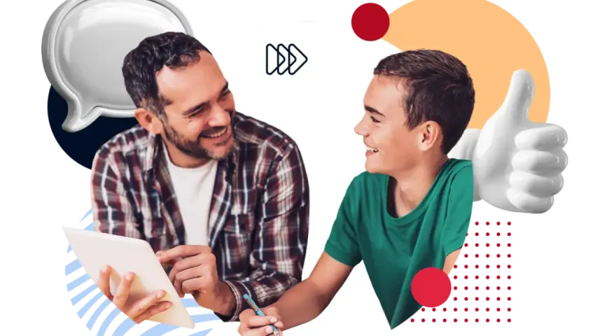 Ein Mann erklärt einem Jungen mit einem Tablet, was eine Berufsausbildung ist. Daumen hoch!