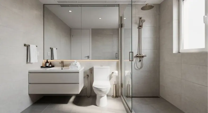 Salle de bain moderne avec une toilette suspendue, un lavabo flottant, une douche vitrée et un grand miroir.