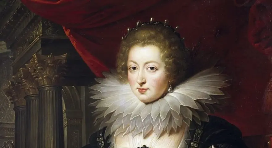 Retrato de Ana de Austria (reina de España), con su característica gorguera y corona.