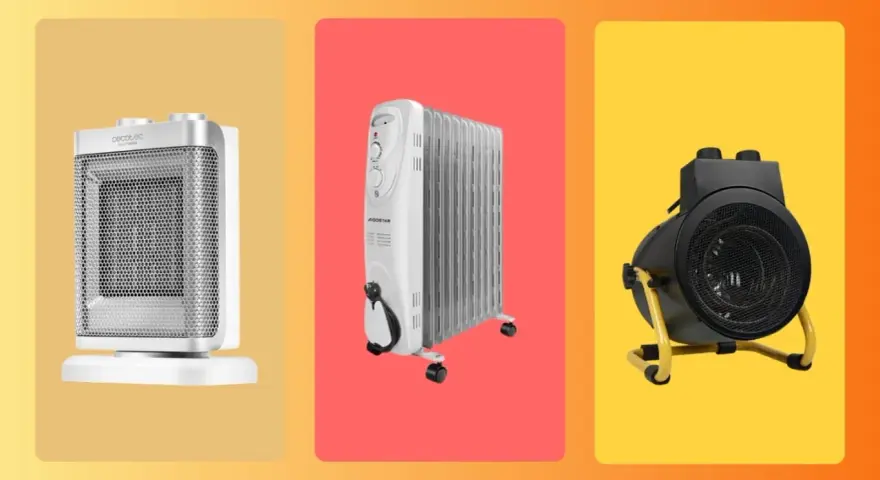 Tres modelos de calefactor: uno blanco vertical, un radiador de aceite y uno negro tipo ventilador.