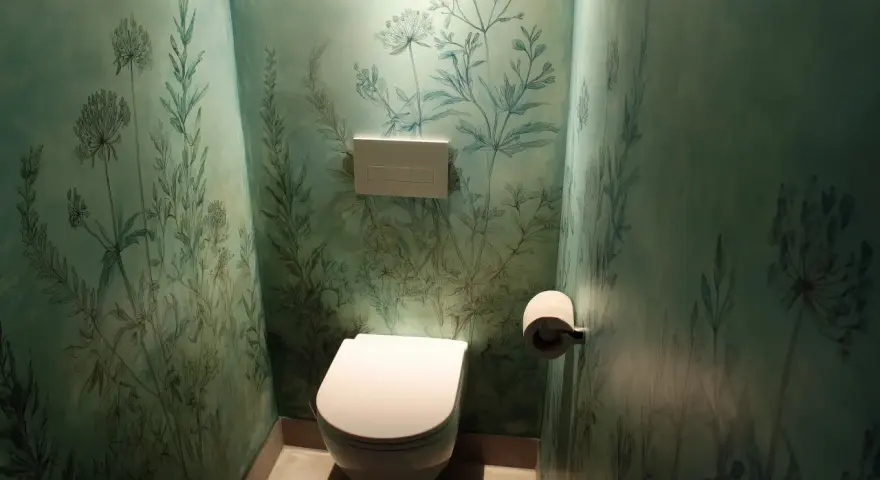 Toilettes modernes dans une pièce aux murs recouverts d'un papier peint botanique bleu-vert. La **couleur toilette** est blanche, contrastant avec le décor.